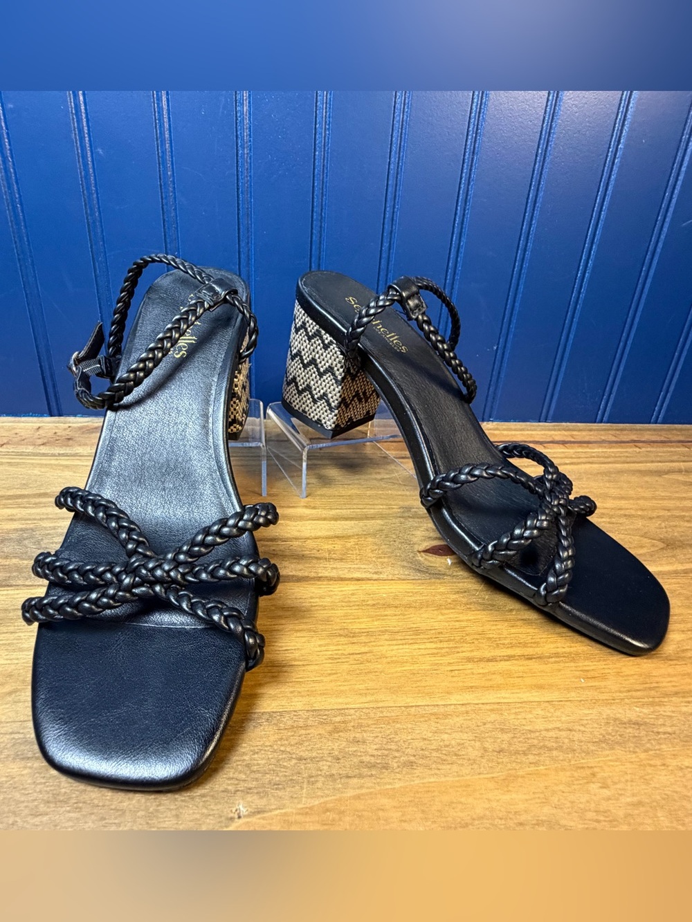 Seychelles Black Braided Strappy Woven Block Heel Sandals Size 8